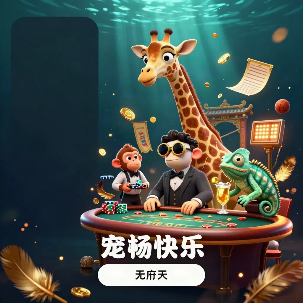 Giraffe, monkey and chameleon at a glowing poker table in a treasure-filled temple arena.