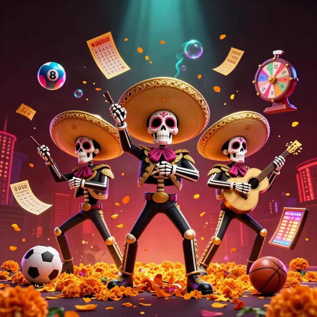 Skeleton mariachi trio with flying lottery balls, prize wheel, tickets, and sports props.