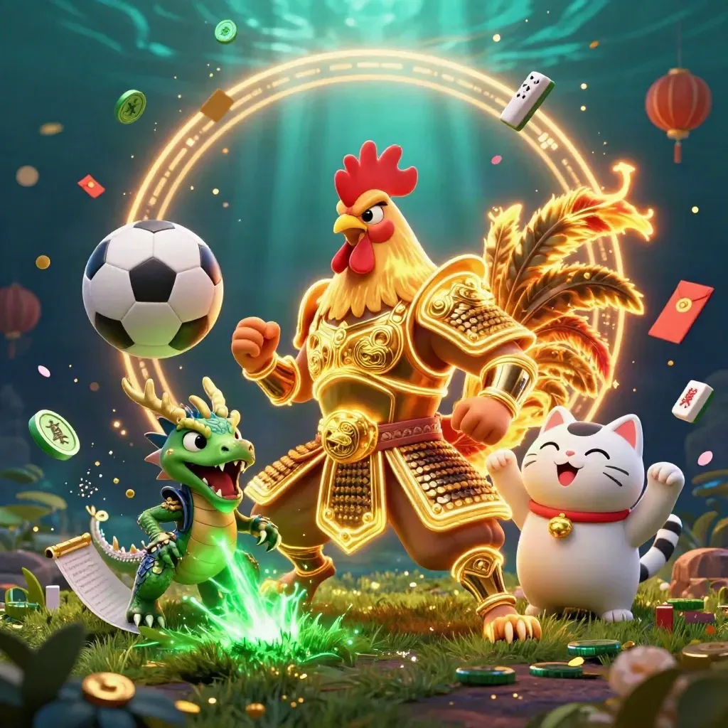 Rooster warrior, dragon hatchling and lucky cat amid balls, coins and glowing casino effects.