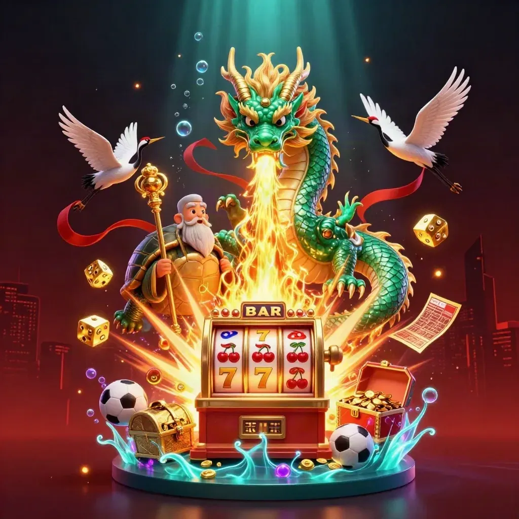 Emerald dragon, turtle sage, and cranes amid jackpot burst, gold, and neon casino light.