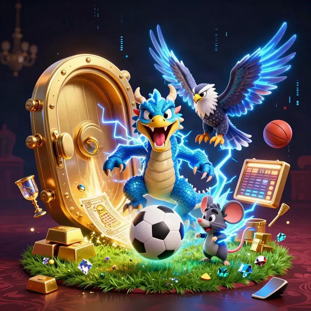 Dragon, hawk, and mouse amid soccer ball, gold vault, gems, and electric lightning.