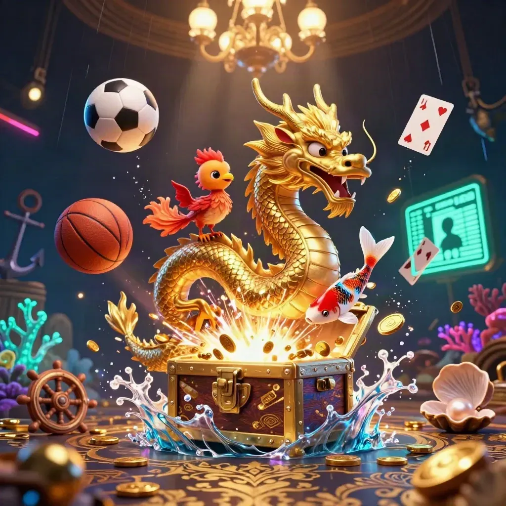 Golden dragon, phoenix, and koi amid coins, balls, bubbles, and luxe casino glow.