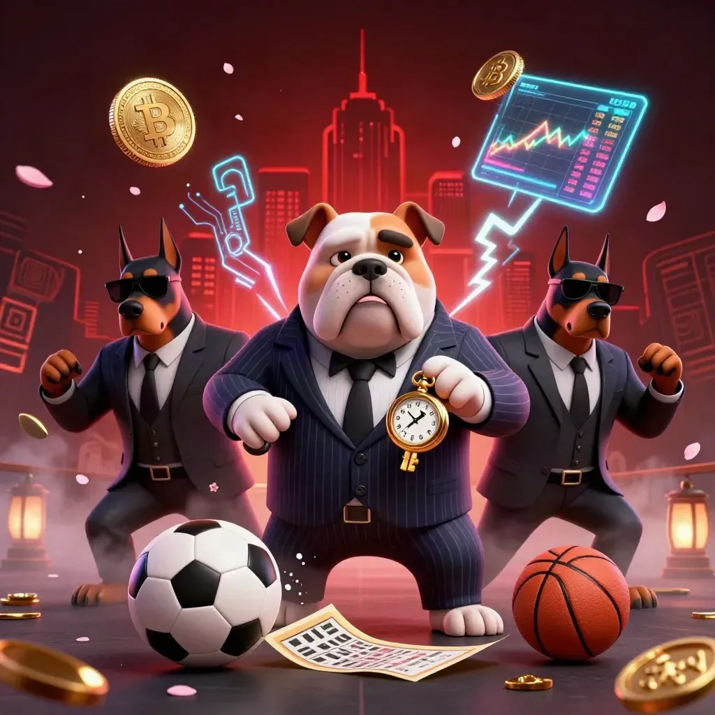 Cartoon bulldog boss and Doberman guards amid neon coins, balls, and sportsbook energy