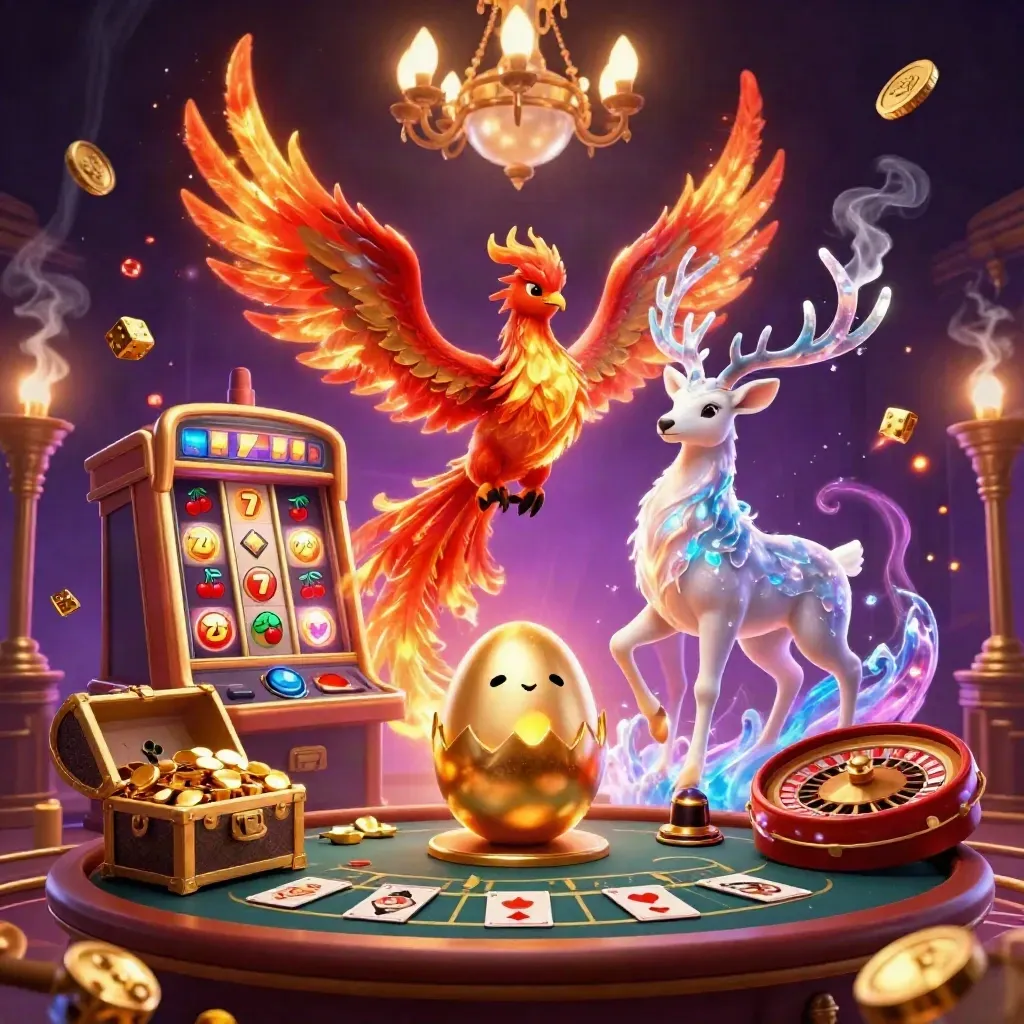 Phoenixes and crystal stag burst through a luxe casino scene of gold, purple, and magic.