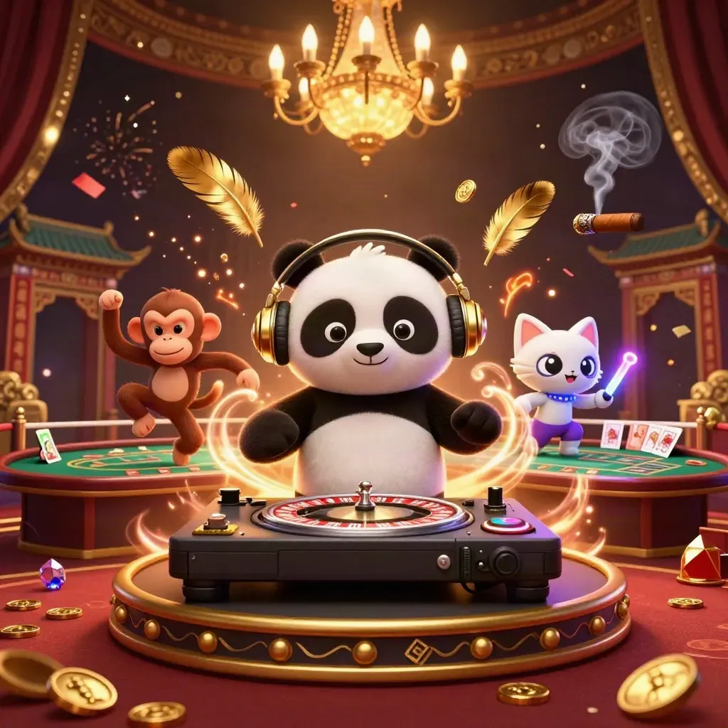 Panda DJ, dancing monkey, and glow-stick kitten in a luxe casino scene with gold and emerald lighting.