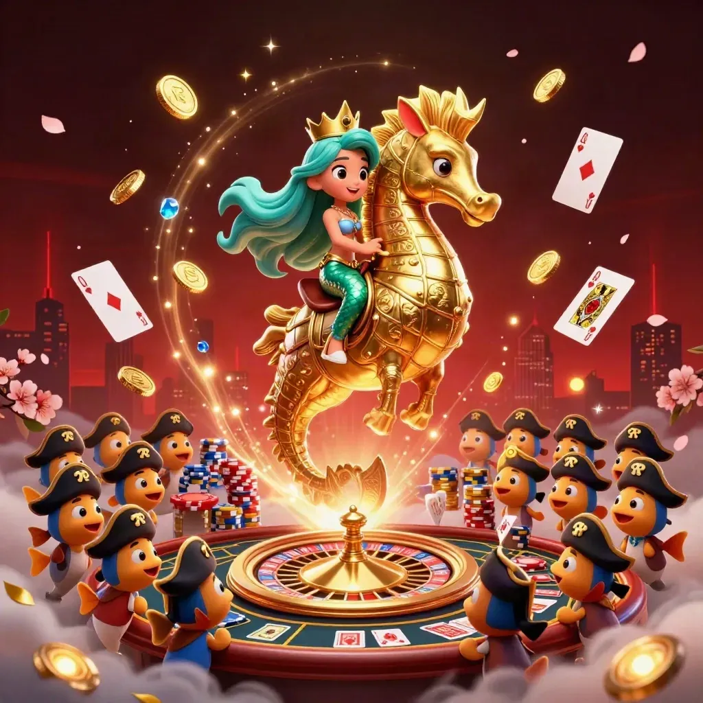 Mermaid princess rides a gold-armored seahorse amid casino coins, gems, cards, and glowing lights.