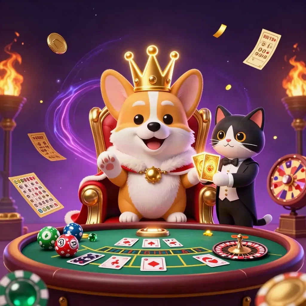 Royal corgi and cat butler in a luxe casino scene with spinning wheels, gold, and purple smoke.