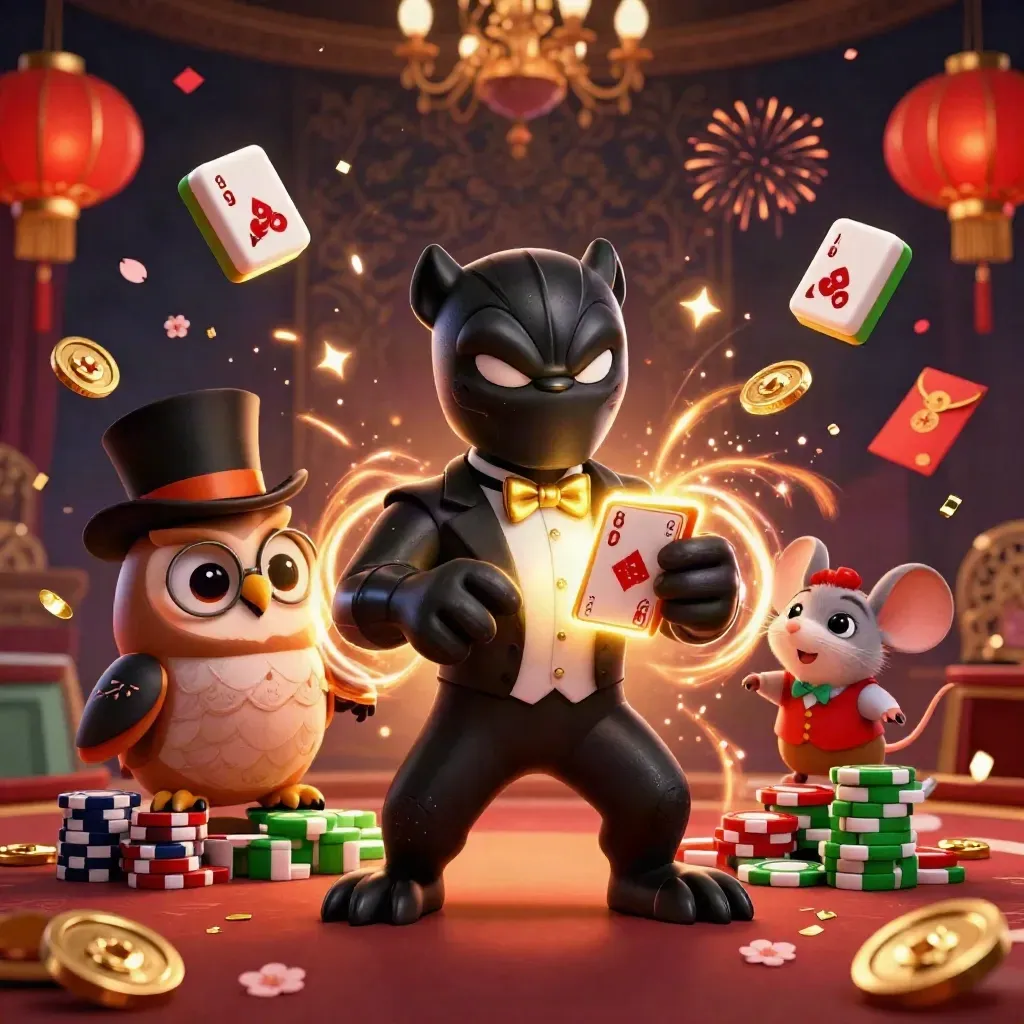 Panther, owl, and mouse casino heroes amid fireworks, chips, coins, lanterns, and confetti