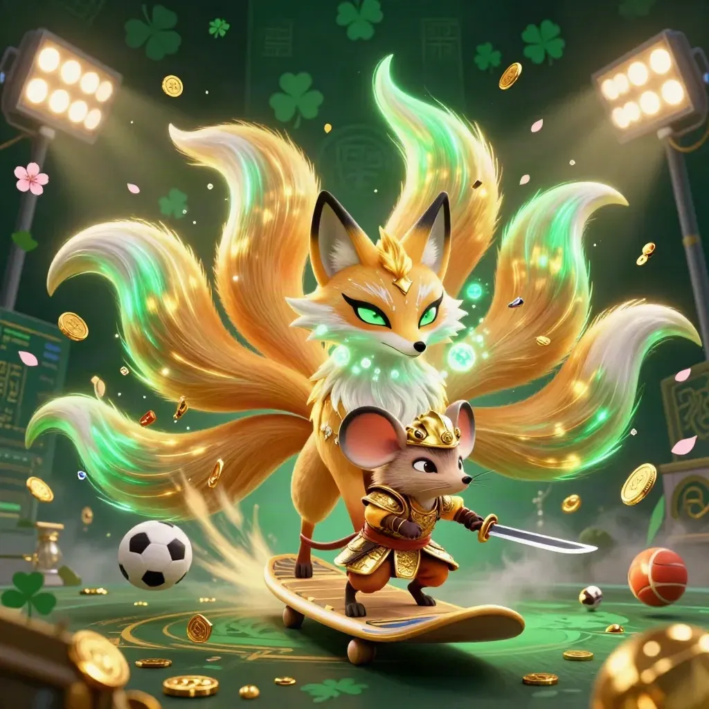 Nine-tailed fox spirit and armored mouse amid flying sports balls, coins, trophies, and neon gold magic.