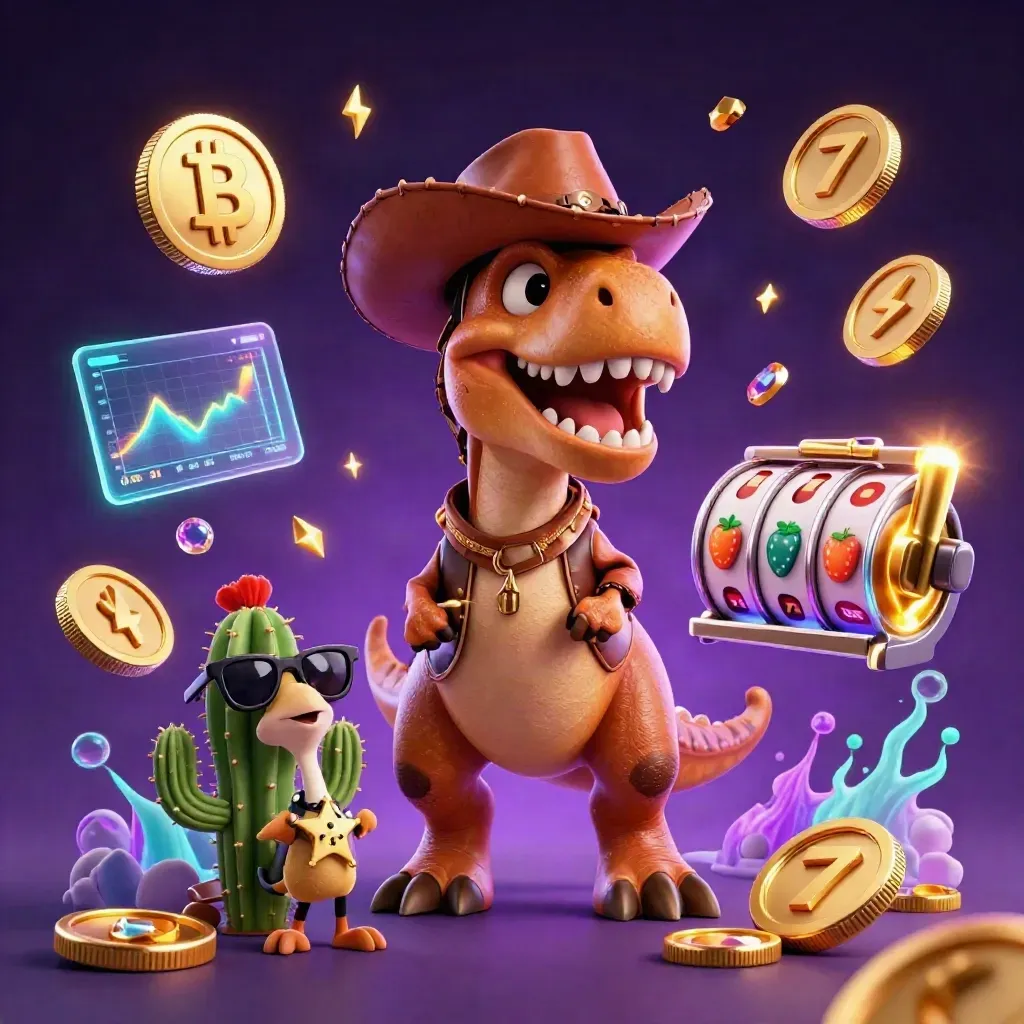 Cowboy T-Rex, cactus sidekick and sheriff roadrunner amid neon coins, gems and slot sparks.