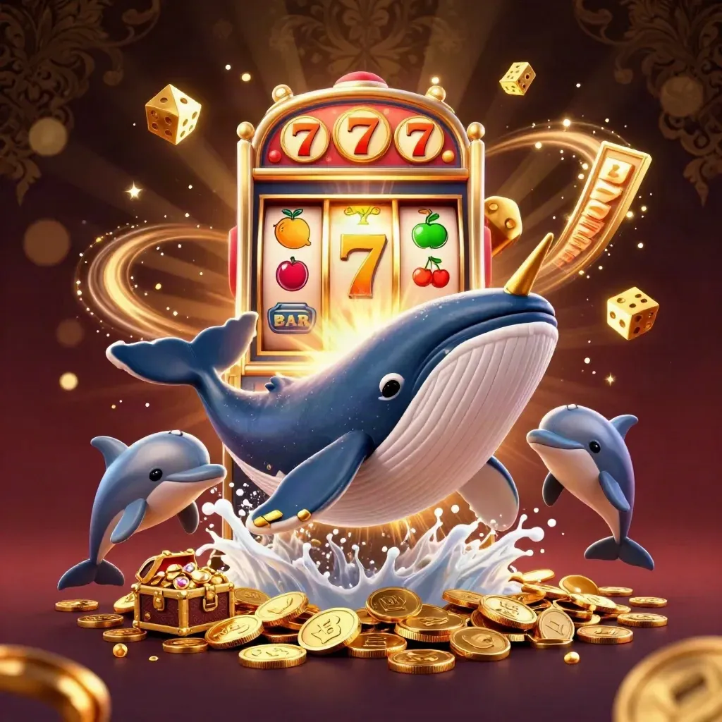 Whale captain, golden narwhal, and dolphins burst through coins with treasure, dice, and a slot machine