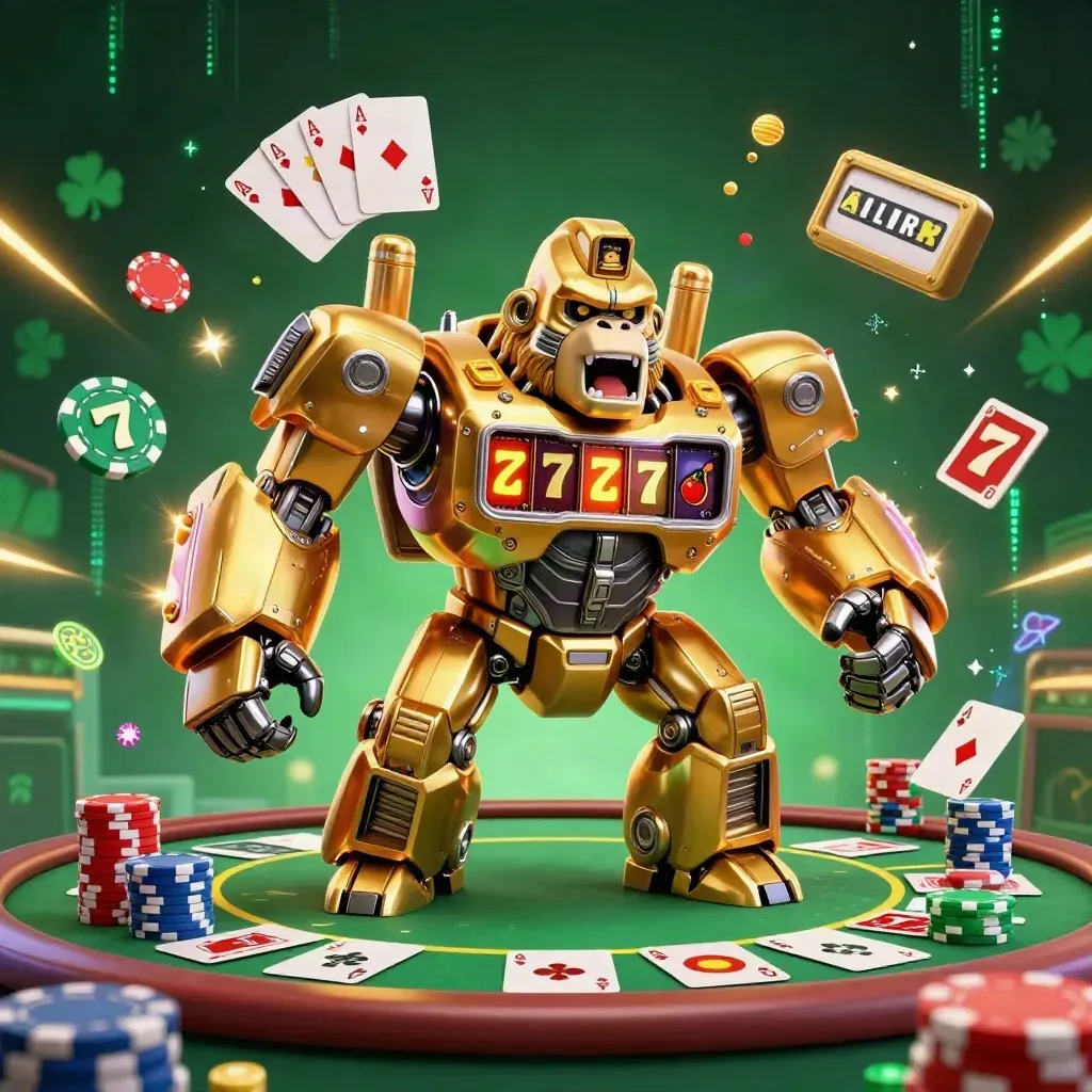 Golden gorilla mech bursts from chips and cards with tiny monkey pilot, emerald casino glow