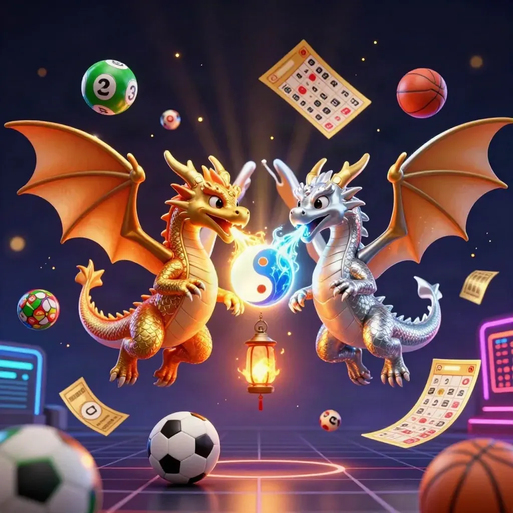 Twin gold and silver dragons with lantern spirit, prize wheel, balls, tickets and casino glow