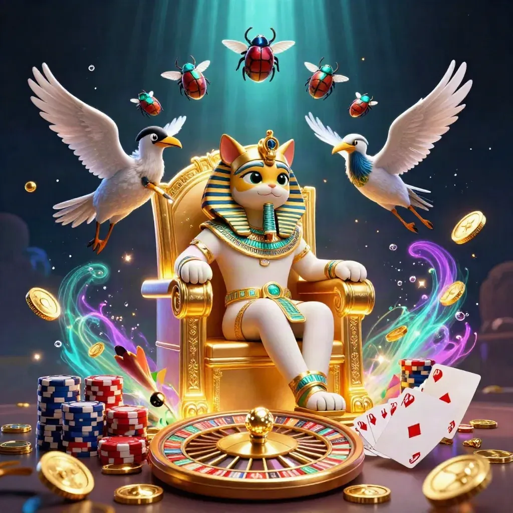 Pharaoh cat king on throne with ibis scribe, scarabs, coins, gems, chips and roulette in neon gold glow.