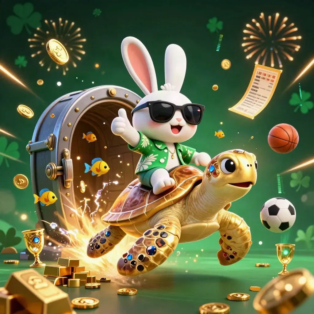 Lucky rabbit on gold turtle amid vault gold, gems, fireworks, and sports props in dark neon green.