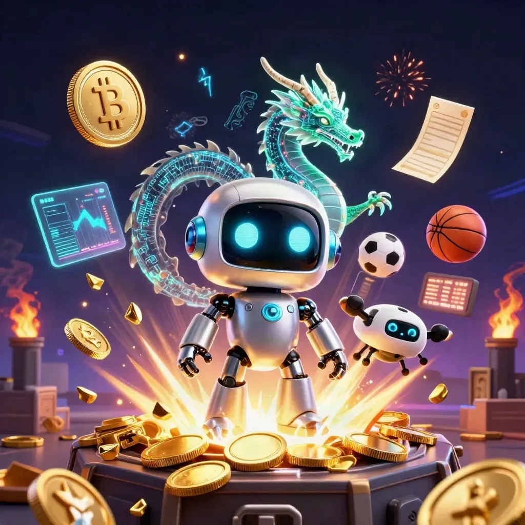 Cyberpunk robot, holographic dragon, and coin drone amid gold coins, sports gear, and neon bursts.