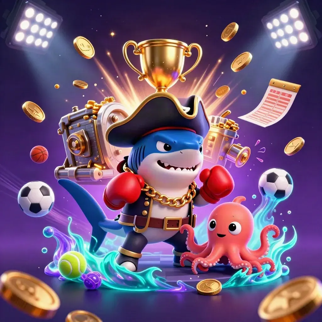 Pirate shark, boxing pufferfish, and coin-juggling octopus amid gold coins, sports balls, trophies, and fireworks