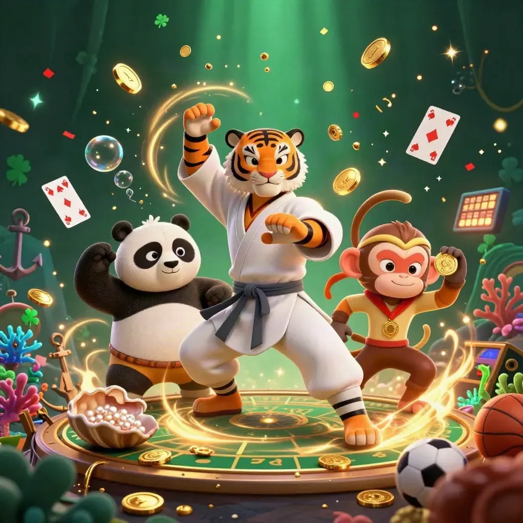 Kung-fu tiger, panda, and monkey amid gold coins, treasure, sports gear, and fireworks.