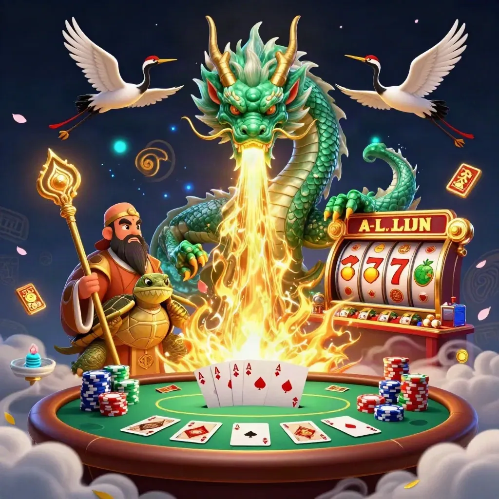 Emerald dragon, turtle sage, and cranes amid casino chips, cards, and glowing slot reels.