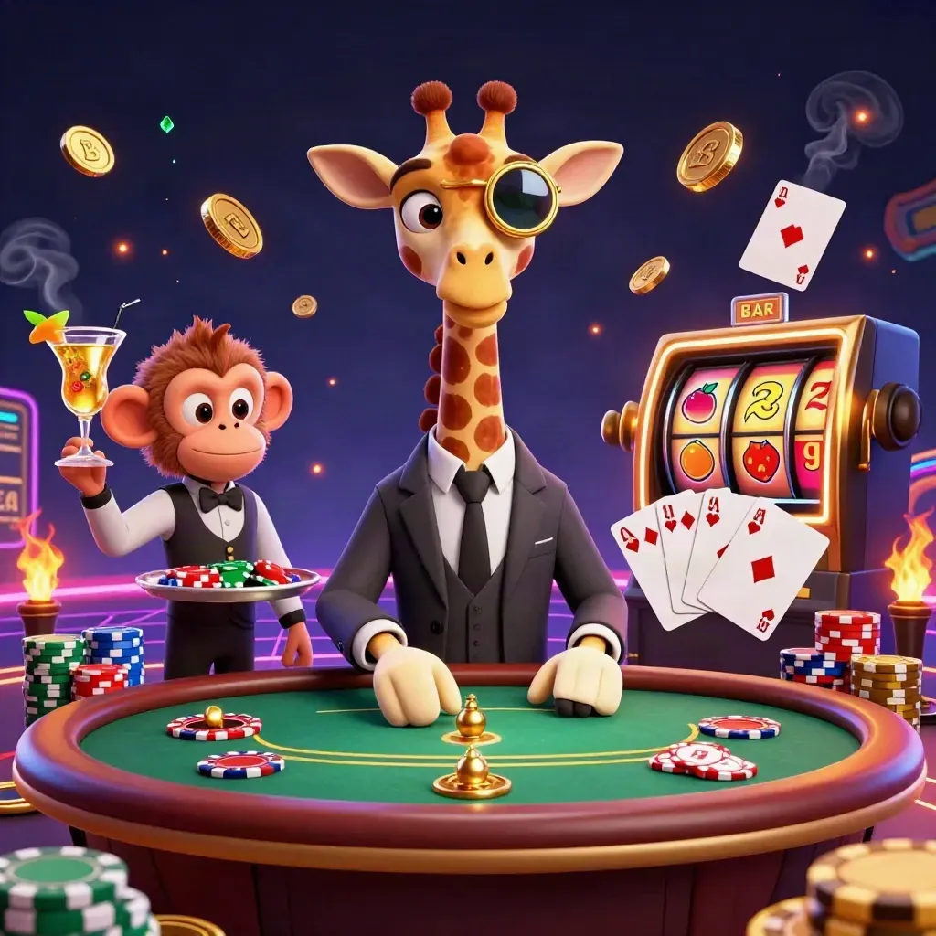 Giraffe, monkey valet, and chameleon bartender in a neon casino tableau with coins, cards, and chips.