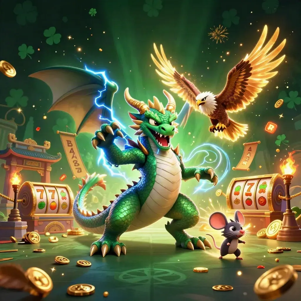 Thunder dragon, wind hawk, and thunder-mouse amid casino relics and lightning