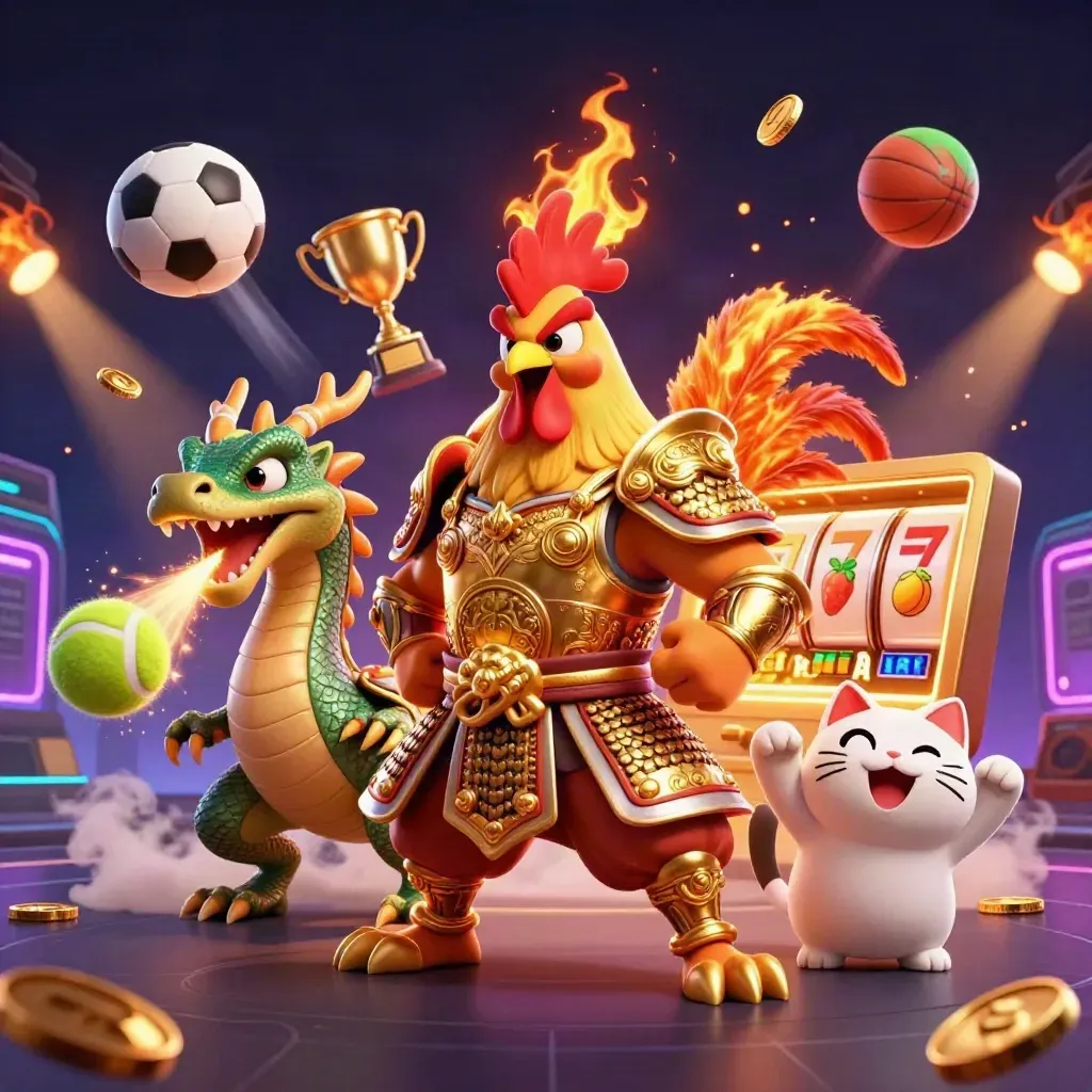 Rooster warrior, dragon hatchling, and fortune cat amid sports balls, coins, reels, and neon casino effects.