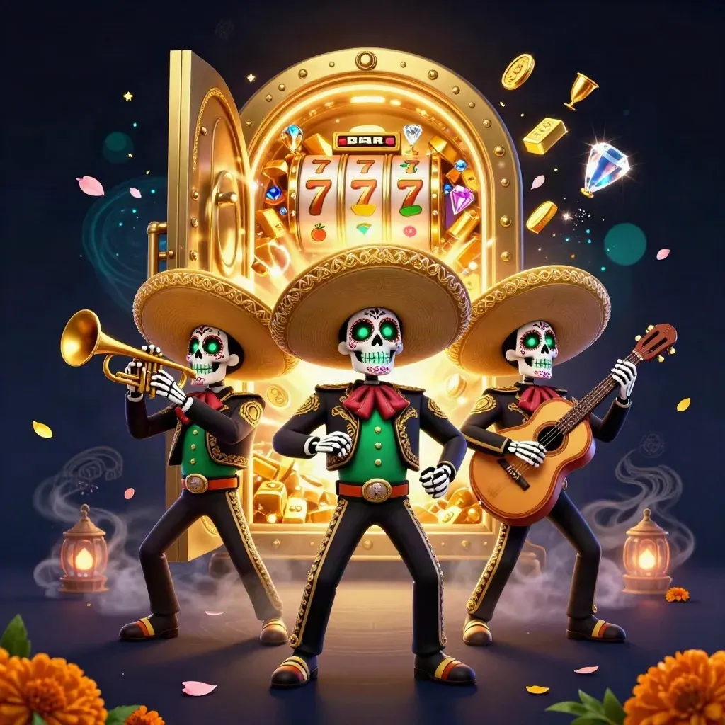 Skeleton mariachi trio before a glowing gold vault, with gold bars, gems, reels and dark neon casino magic