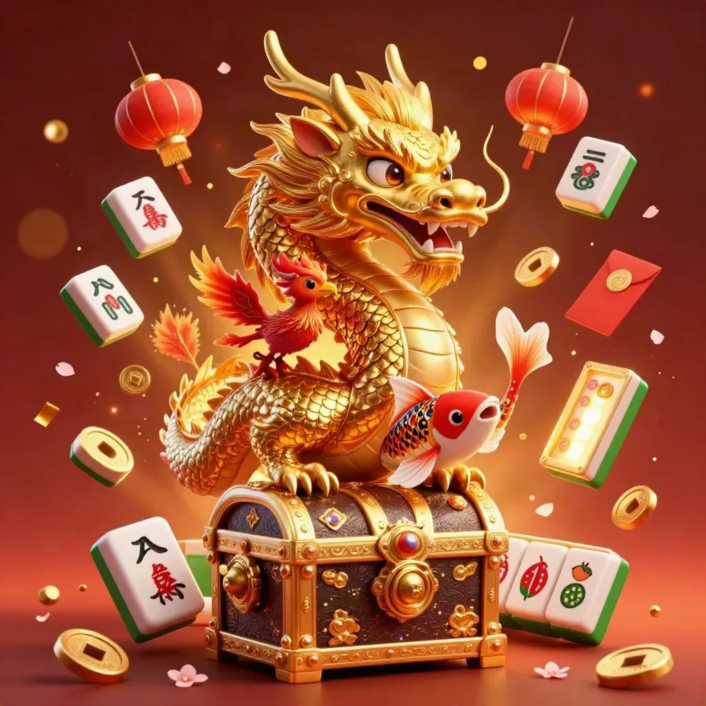 Golden dragon with red phoenix, koi, and casino icons bursting in fiery premium key art.